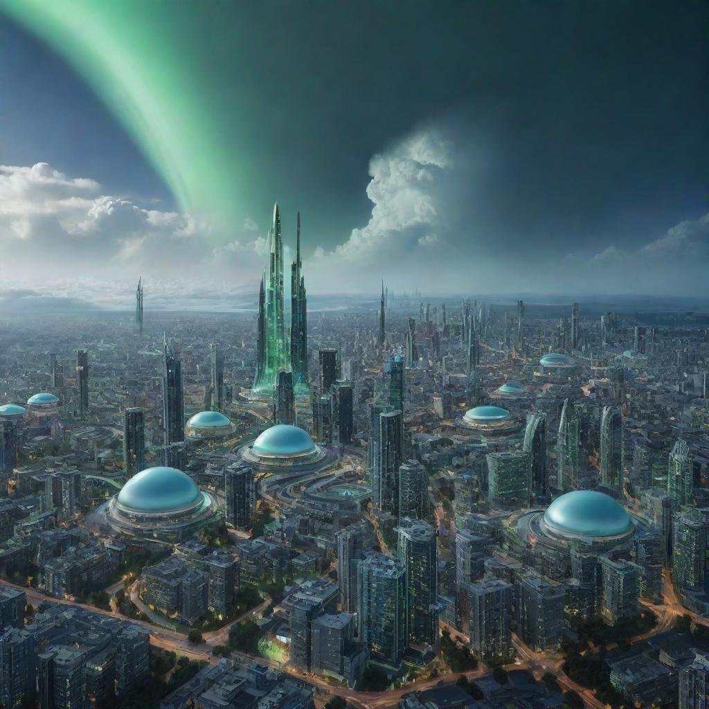 A remarkable city in Uranuspunk style, featuring blue-green methane haze architecture, structures replicating the planet's tilted rotation axis, opaque cloud formations and aurora-like light shows