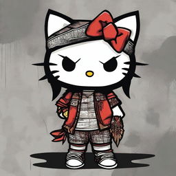 Create an image of Hello Kitty dressed in a mix of ghetto and Native American attire, looking directly at the viewer with a defiant expression and showing her middle finger