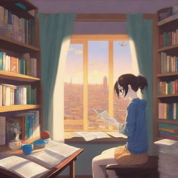 Una chica anime estudiando en una habitación tranquila