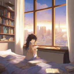 Una chica anime estudiando en una habitación tranquila