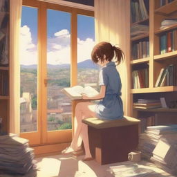 Una chica anime estudiando en una habitación tranquila