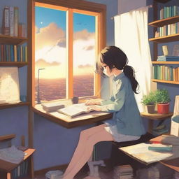 Una chica anime estudiando en una habitación tranquila