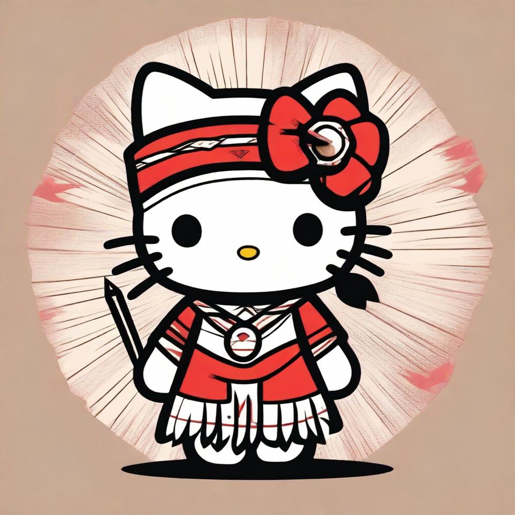 Create an image of Hello Kitty dressed in traditional Native American attire, looking directly at the viewer with a defiant expression and showing her middle finger