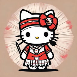 Create an image of Hello Kitty dressed in traditional Native American attire, looking directly at the viewer with a defiant expression and showing her middle finger