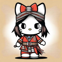 Create an image of Hello Kitty dressed in traditional Native American attire, looking directly at the viewer with a defiant expression and showing her middle finger