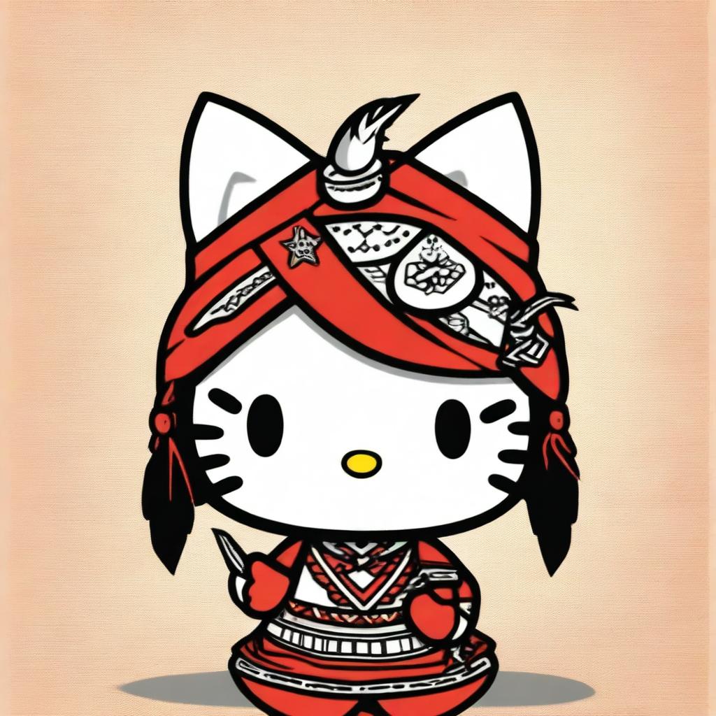 Create an image of Hello Kitty dressed in traditional Native American attire, looking directly at the viewer with a defiant expression and showing her middle finger