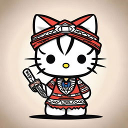 Create an image of Hello Kitty dressed in traditional Native American attire, looking directly at the viewer with a defiant expression and showing her middle finger