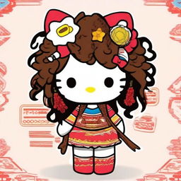 Create a quirky and fun profile image featuring Hello Kitty with curly hair, dressed in traditional Native American attire