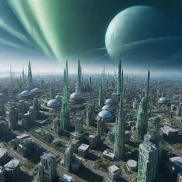 A remarkable city in Uranuspunk style, featuring blue-green methane haze architecture, structures replicating the planet's tilted rotation axis, opaque cloud formations and aurora-like light shows