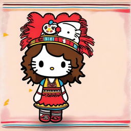 Create a quirky and fun profile image featuring Hello Kitty with curly hair, dressed in traditional Native American attire