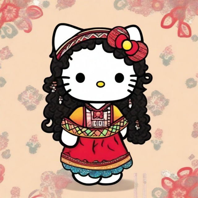 Create a quirky and fun profile image featuring Hello Kitty with curly hair, dressed in traditional Native American attire