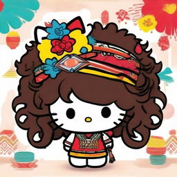 Create a quirky and fun profile image featuring Hello Kitty with curly hair, dressed in traditional Native American attire