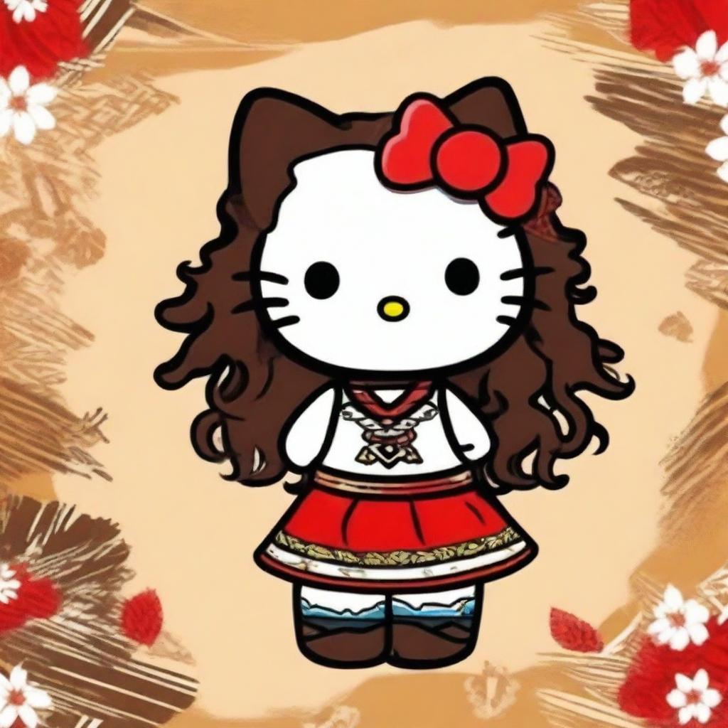 Create a quirky and fun profile image featuring Hello Kitty with curly hair and brown skin, dressed in traditional Native American attire