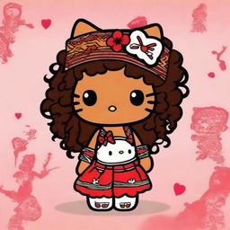 Create a quirky and fun profile image featuring Hello Kitty with curly hair and brown skin, dressed in traditional Native American attire