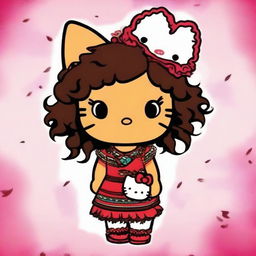 Create a quirky and fun profile image featuring Hello Kitty with curly hair and brown skin, dressed in traditional Native American attire