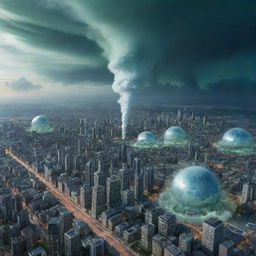 A remarkable city in Uranuspunk style, featuring blue-green methane haze architecture, structures replicating the planet's tilted rotation axis, opaque cloud formations and aurora-like light shows