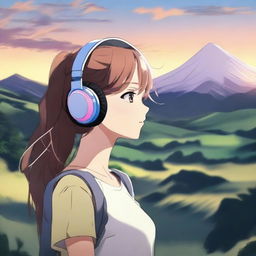 Una chica anime escuchando música con auriculares en una montaña durante la tarde