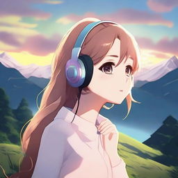 Una chica anime escuchando música con auriculares en una montaña durante la tarde