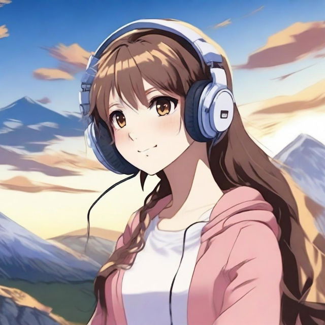 Una chica anime escuchando música con auriculares en una montaña durante la tarde