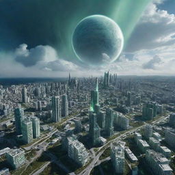 A remarkable city in Uranuspunk style, featuring blue-green methane haze architecture, structures replicating the planet's tilted rotation axis, opaque cloud formations and aurora-like light shows