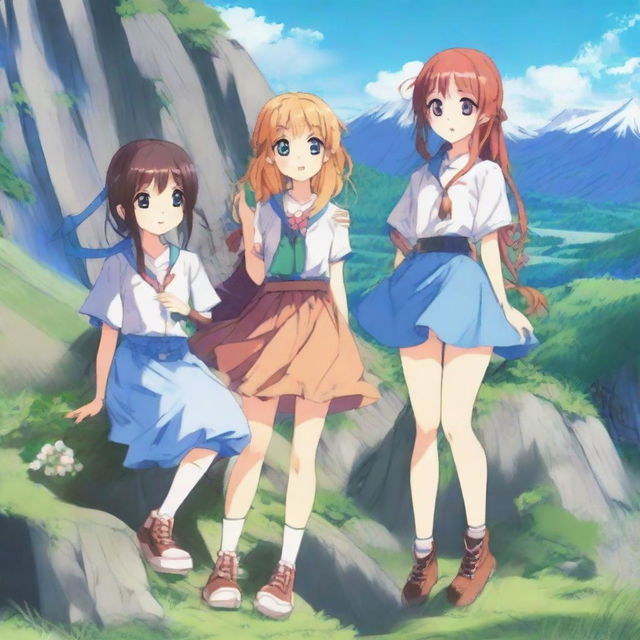 Dos chicos y dos chicas en estilo anime están en una montaña, disfrutando del paisaje mientras escuchan música juntos