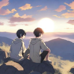 Two anime boys sitting on a mountain, listening to music