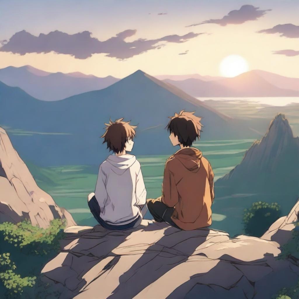 Two anime boys sitting on a mountain, listening to music