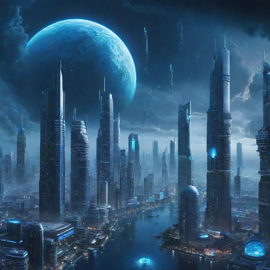 A sprawling city styled with Neptunepunk aesthetics, including skyscrapers inspired by Neptune's windy, stormy atmosphere, vibrant blue structures reminiscent of its deep-blue cloud covers, and spectacular light displays imitating the planet's faint ring system