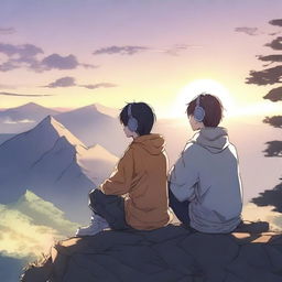 Two anime boys sitting on a mountain, listening to music