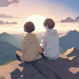 Two anime boys sitting on a mountain, listening to music