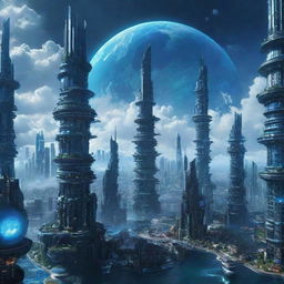 A sprawling city styled with Neptunepunk aesthetics, including skyscrapers inspired by Neptune's windy, stormy atmosphere, vibrant blue structures reminiscent of its deep-blue cloud covers, and spectacular light displays imitating the planet's faint ring system