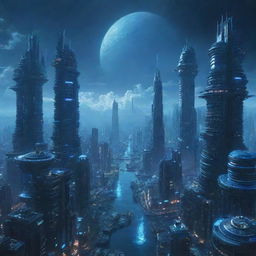 A sprawling city styled with Neptunepunk aesthetics, including skyscrapers inspired by Neptune's windy, stormy atmosphere, vibrant blue structures reminiscent of its deep-blue cloud covers, and spectacular light displays imitating the planet's faint ring system