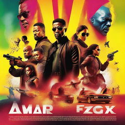 A vibrant and engaging movie poster featuring a diverse cast of characters in a dynamic and action-packed scene