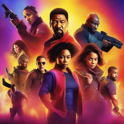 A vibrant and engaging movie poster featuring a diverse cast of characters in a dynamic and action-packed scene