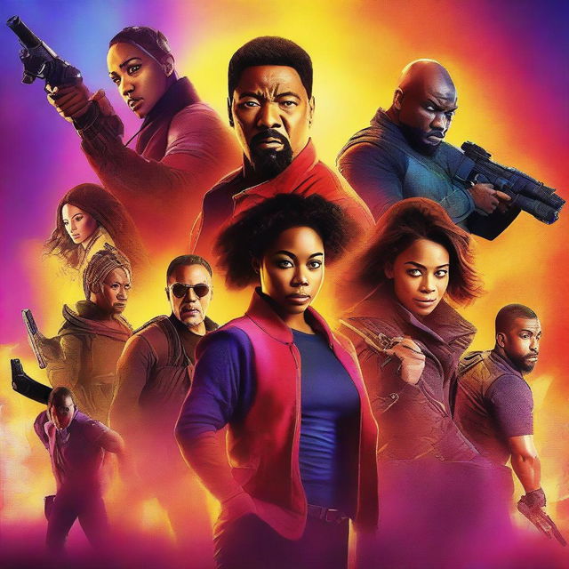 A vibrant and engaging movie poster featuring a diverse cast of characters in a dynamic and action-packed scene