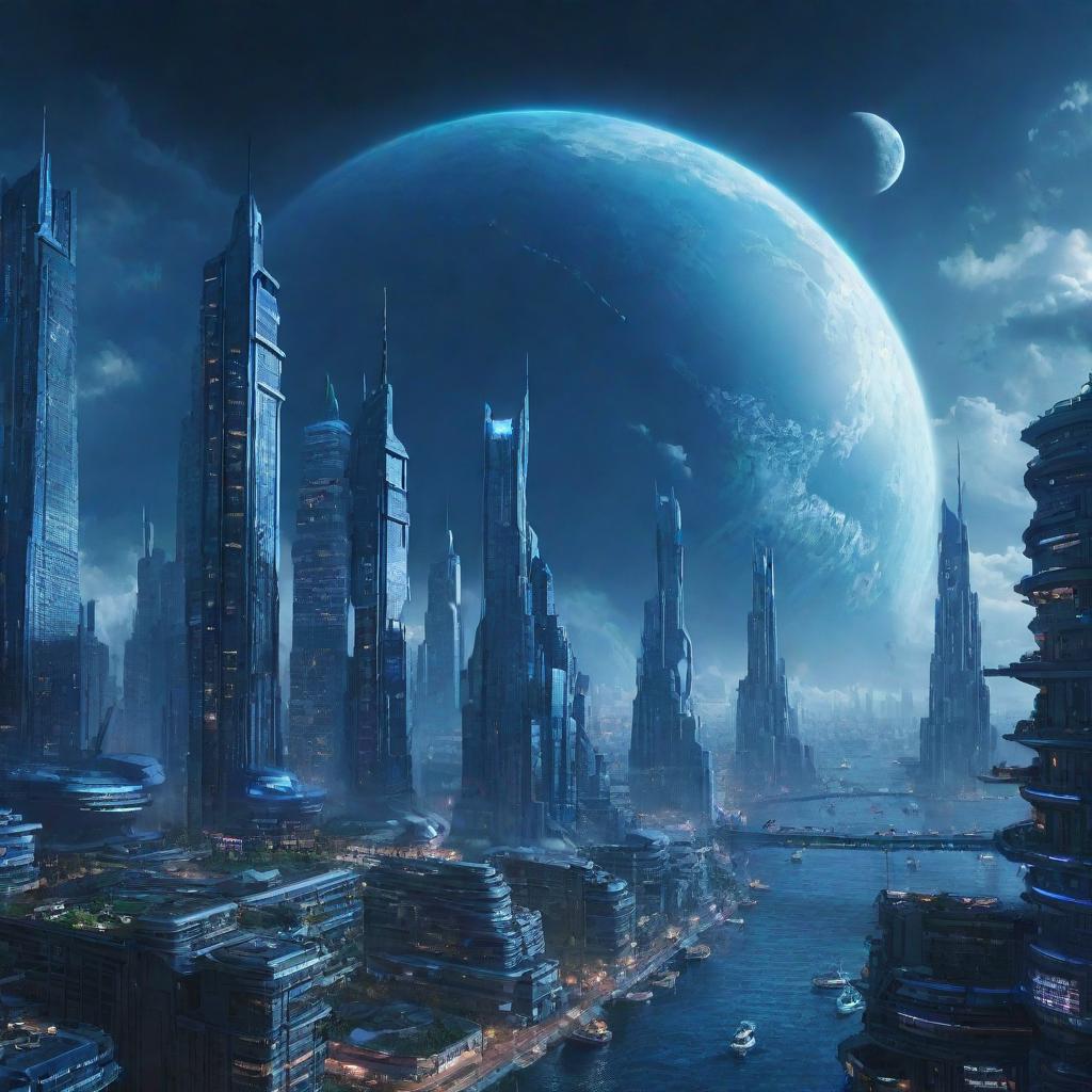 A sprawling city styled with Neptunepunk aesthetics, including skyscrapers inspired by Neptune's windy, stormy atmosphere, vibrant blue structures reminiscent of its deep-blue cloud covers, and spectacular light displays imitating the planet's faint ring system