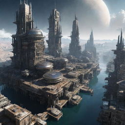 A vast city conceptualized in Mercurypunk style, featuring structures being highly reflective and metallic. With extreme temperature-resistant buildings, stark shadows, rugged, crater-like aesthetics, and solar powered energy elements