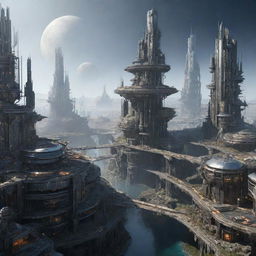 A vast city conceptualized in Mercurypunk style, featuring structures being highly reflective and metallic. With extreme temperature-resistant buildings, stark shadows, rugged, crater-like aesthetics, and solar powered energy elements