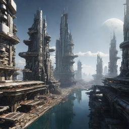 A vast city conceptualized in Mercurypunk style, featuring structures being highly reflective and metallic. With extreme temperature-resistant buildings, stark shadows, rugged, crater-like aesthetics, and solar powered energy elements