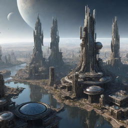 A vast city conceptualized in Mercurypunk style, featuring structures being highly reflective and metallic. With extreme temperature-resistant buildings, stark shadows, rugged, crater-like aesthetics, and solar powered energy elements