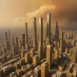 A sprawling Venuspunk city, with sulfur-tinted skyscrapers, structures shielded to withstand heavy atmospheric pressure, bright yellow and orange sky, amidst a thickly clouded, acidic atmosphere