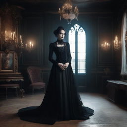 A gothic woman with dark makeup, black clothing, and accessories