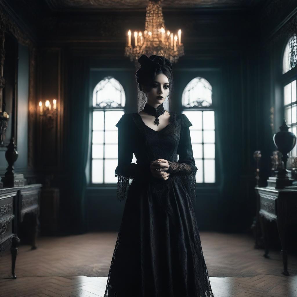 A gothic woman with dark makeup, black clothing, and accessories