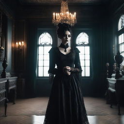 A gothic woman with dark makeup, black clothing, and accessories