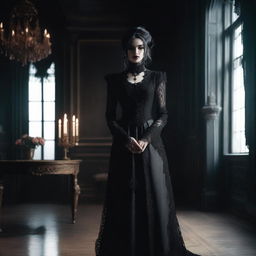 A gothic woman with dark makeup, black clothing, and accessories