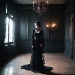 A gothic woman with dark makeup, black clothing, and accessories