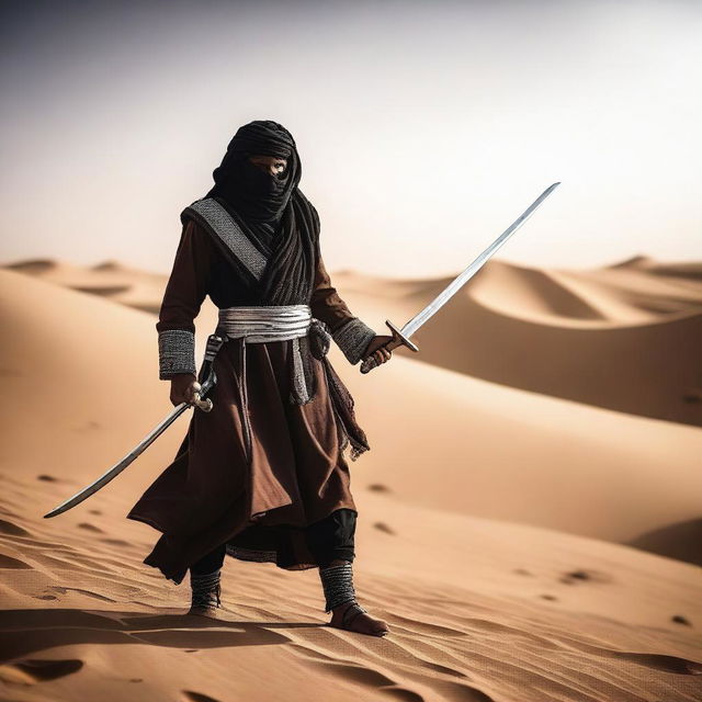 A Bedouin swordmaster is depicted wielding scimitars with swords orbiting around him