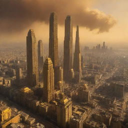 A sprawling Venuspunk city, with sulfur-tinted skyscrapers, structures shielded to withstand heavy atmospheric pressure, bright yellow and orange sky, amidst a thickly clouded, acidic atmosphere