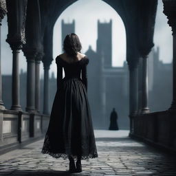 A gothic woman wearing a black skirt, viewed from behind