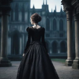 A gothic woman wearing a black skirt, viewed from behind